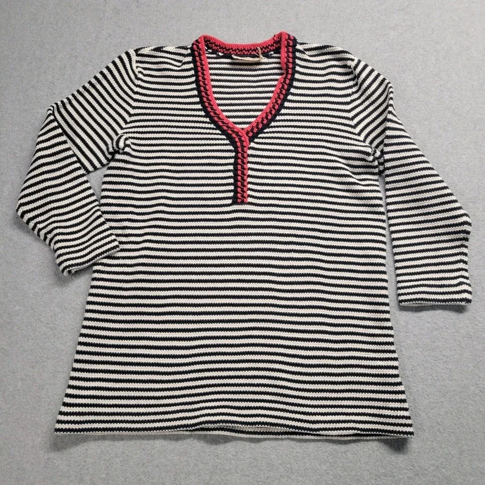 Tory Burch Sweater Women's XSmall Striped V-neck Pullover 3/4 Sleeve Cotton‎